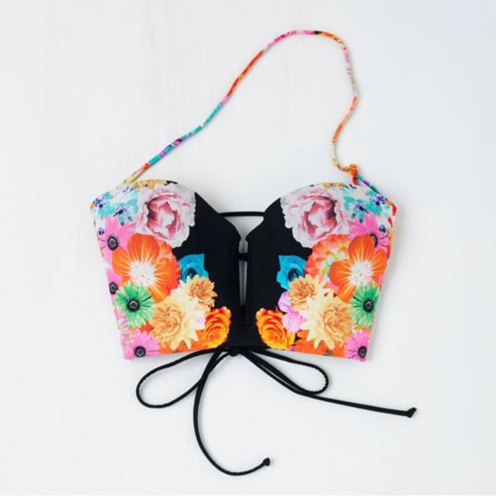 💐👙 Red Carter Black and Floral Corset Style Bathing Suit Top